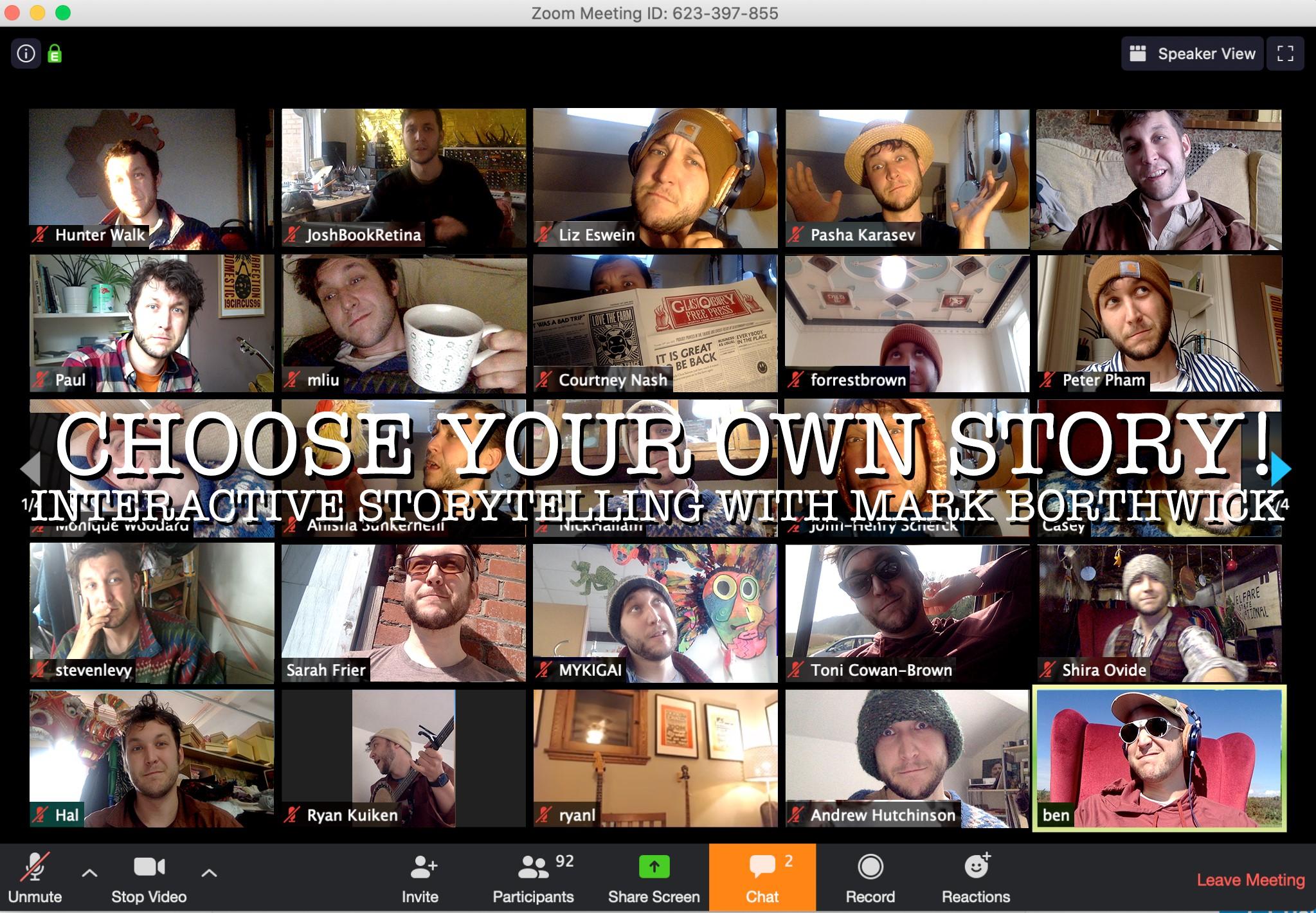 Image of a Zoom call where Digital Storyteller Mark Borthwick presented an innovative show.