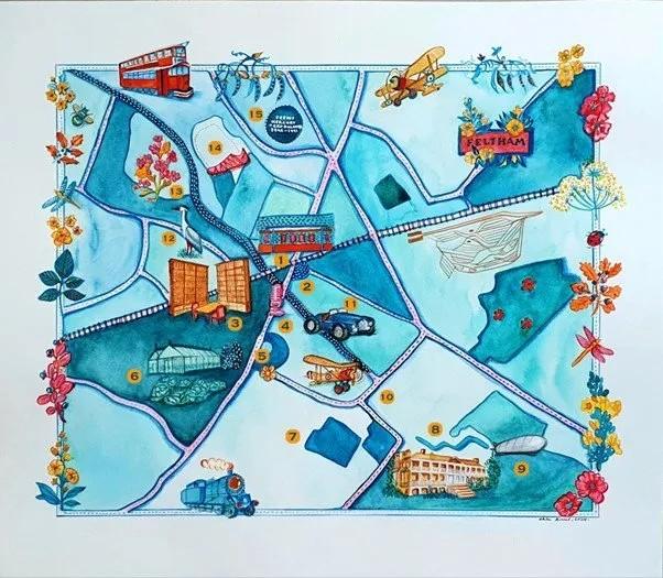 Illustrated map of the 'Feltham: From Farmland to Frontiers' tour
