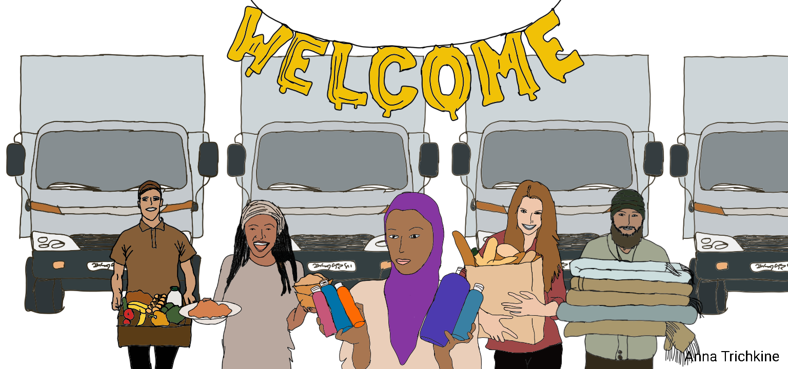 Image of different people holding various items such as books and a line of lorries behind them.